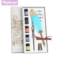 Highergo ชุดของขวัญปากกาขนนกแบบวินเทจ,Pulpen Kaca ไล่ระดับสีสไตล์วินเทจ13ชิ้น/กล่องมาพร้อมกับหมึกสี5ชุดสำหรับเขียนตัวอักษรเส้นบางลายเซ็น