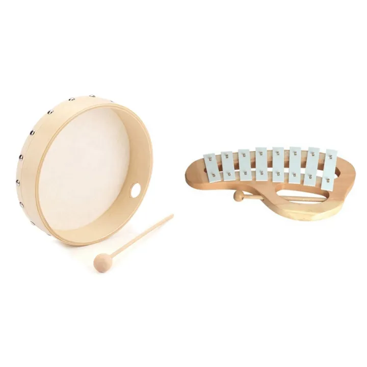 Hand Knock Xylophone Glockenspiel with Wooden Sheepskin Tambourine Drum