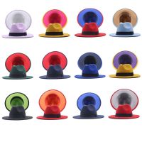 Patchwork Wide Brim Fedora Hats For Women Men Ribbon Band Classic Two Tone Felt Jazz Top Hat Wedding Church Bowler Cap Chapeau