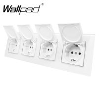 【CW】 4 Way EU Socket with Cap Round Box Mount CE Wallpad Luxury White Crystal Glass Quadruple Frame 16A EU Schuko Outlet with Claws