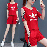 ผู้ขายร้อน ADIDASeˉ Adidase∮ สุภาพสตรีปิดไหล่แขนสั้นเสื้อยืด + กางเกงขาสั้นชุดสองชิ้นหลวมกว่าขนาดเสื้อผ้าสตรีTH