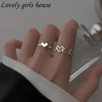 【♡Lovely girls house♡】แหวนเปิดรูปหัวใจกลวงสีเงินปรับได้,แหวนแฟชั่นความรักน่ารักสำหรับผู้หญิงเด็กผู้หญิง2ชิ้น/เซ็ต