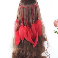 【YF】 Fashion Feather Headband Boho Beads Braided Ribbon Headdress Indian Feathers Hair Rope Headwear Tribal Accessories