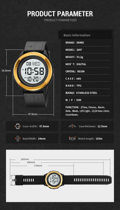 นาฬิกา-skmei-นาฬิกาดิจิตอลผู้ชายนาฬิกาข้อมือแฟชั่นกันน้ำนับถอยหลังสแตนเลสนาฬิกาผู้ชาย2047