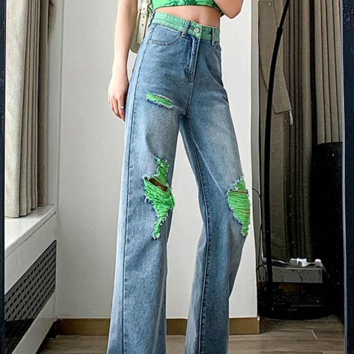 หลุมกางเกงยีนส์ผู้หญิงตัวใหม่เอวสูงความเปรียบต่างจับไว้ตรงผ้าฝ้ายอย่างไม่เป็นทางการสีเขียวสีม่วง