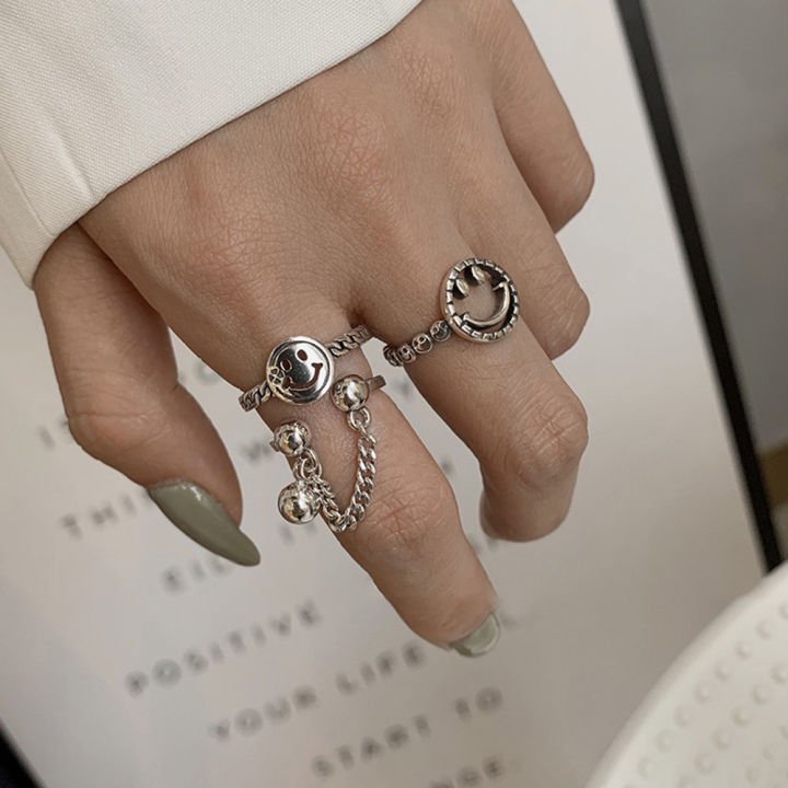 [BABY]Silver Hollowยิ้มFace Ball Chainแหวนผู้หญิงFingerแหวนเฉพาะตัวเครื่องประดับแฟชั่น