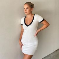 Womens Sexy Solid Color V-Neck Contrast Woolen Dress White One Size