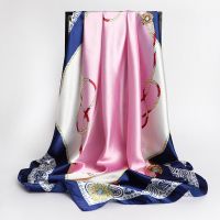 Women Silk Scarf Square Bandana Design Brand Headband Female Satin Hijab Shawl Wrap Kerchief Chain Print Foulard Tudung BAWAL