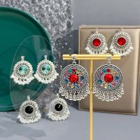 【CW】 New Chinese Classical Geometric Round Full Diamond Pearl Studded Earrings Antique Tassel Color Matching Texture Splicing Earring