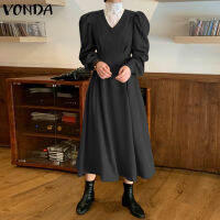 VONDA ผู้หญิง V คอเสื้อชุด Elegant Casual Sundress เอวสูง Maxi Long Dress (เกาหลี Causal) [Clearance Sale]