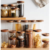 Food Sealed Glass Jar Kitchen Grain Wood Cover Storage Jar Tea Coffee Storage Sealed Jar Set Cereal Dispenser Candy Jar Glass