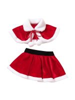 【cw】 Kids2 PiecesOutfits Contrast Color Splicing Lapel PlushTie Up ShawlElastic Waist Skirt Set