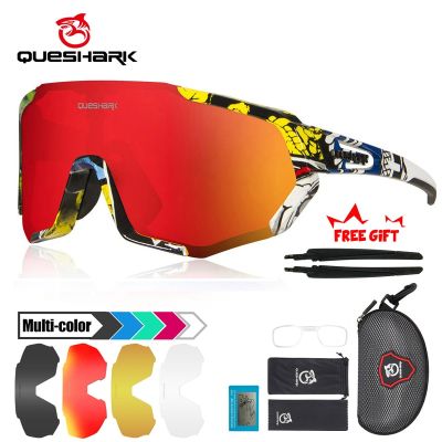 QUESHARK แว่นกันแดดปั่นจักรยานโพลาไรซ์ HD สำหรับผู้ชายผู้หญิงกีฬากลางแจ้งแว่นตาขี่จักรยาน MTB ถนนขับขี่แว่นตานักปั่น5ชุด QE48