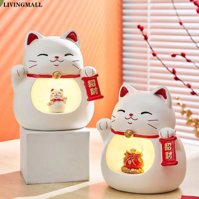 Livingmall ห้องรับแขกญี่ปุ่นโชคดีแมวไฟกลางคืนหุ่นเรซิ่น Maneki Neko ตกแต่งบ้านอุปกรณ์ตกแต่งห้องนอนอุปกรณ์เสริมสำหรับของขวัญ