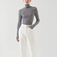 Women Slim T-Shirt 2022 Spring Simple Turtleneck Long Sleeve Top Female Casual Tees Stripes New