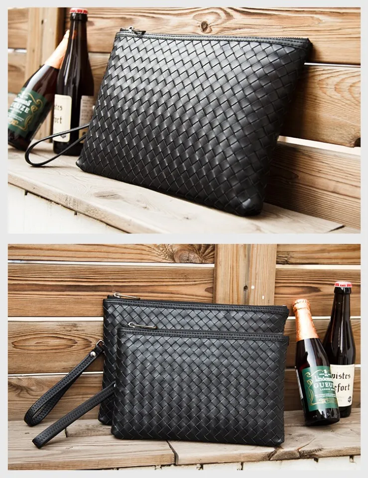 100% Cowhide Leather Men's Clutch Bag Luxury Brand Woven Leather Bag  Fashion Design Simple Envelope Bag Large Capacity New Spot