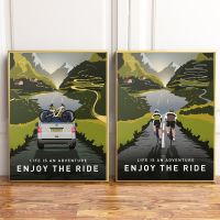 Mountain Bike Landscape Poster Enjoy The Ride Prints Volkswagen Transporter Canvas Painting Wall Art Home Decor for Living Room