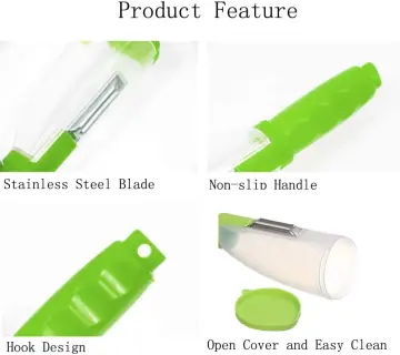 Vegetable peeler with a container for peelings, and a kitchen gadget called  a peeler receptacle for quick rinsing of vegetables and fruits 