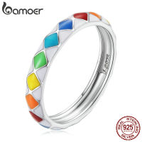 Bamoer 100 925 Sterling Silver Rainbow Chequered Ring for Women New Model Fashion Girl Ring Size 6 7 8 Fine Jewelry Party Gift