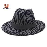 New Men Women Zebra Pattern Dark Grey Woolen Fedora Hats Fall Winter European US Fashion Jazz Party Felt Cap Wide Brim Sun Hat