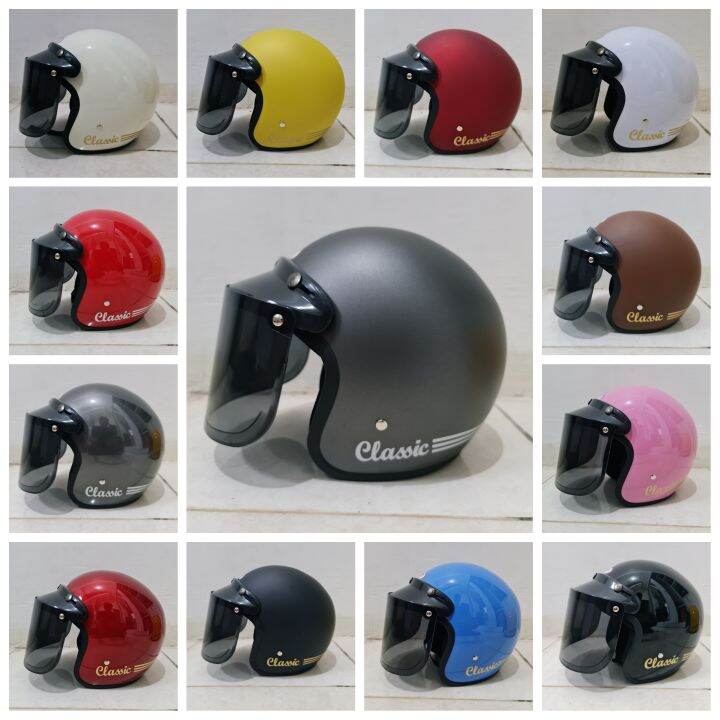 Hot Promo Helm Bogo Retro Dewasa Bogo Garis Classic Cod Good Quality Hitam Glossy Set Kaca