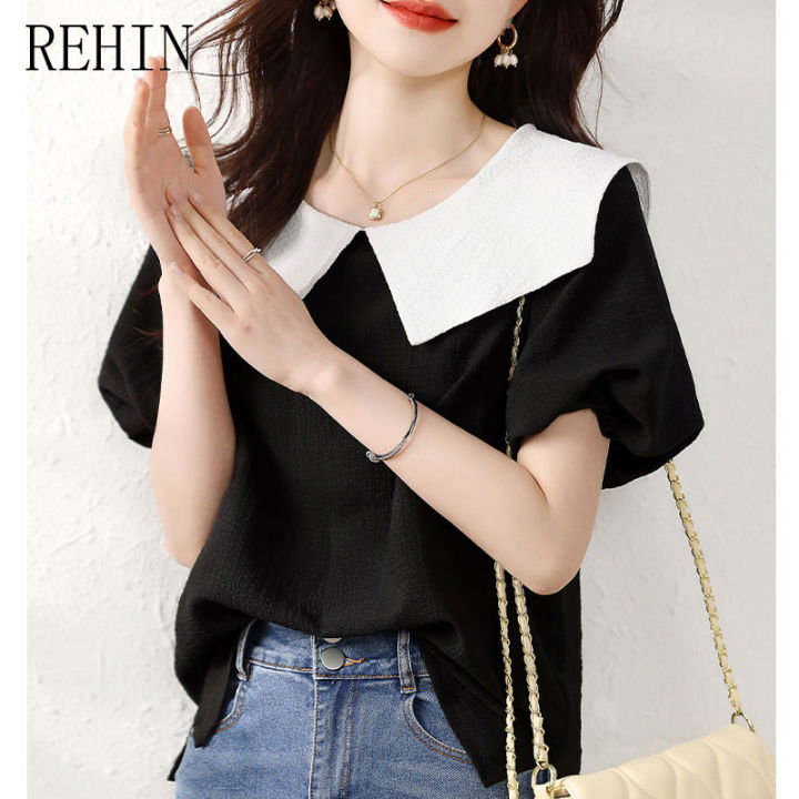 rehin-เสื้อเสื้อแขนสั้นมีปกตุ๊กตาอ่อนหวานและน่ารักใหม่ฤดูร้อนเสื้อสตรีแขนพองเรียบง่าย