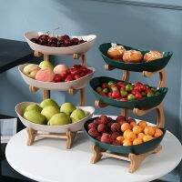 【CC】 Tiers Plastic Fruit Plates With Wood Holder Oval Serving Bowls for Food Display Dish Shelves