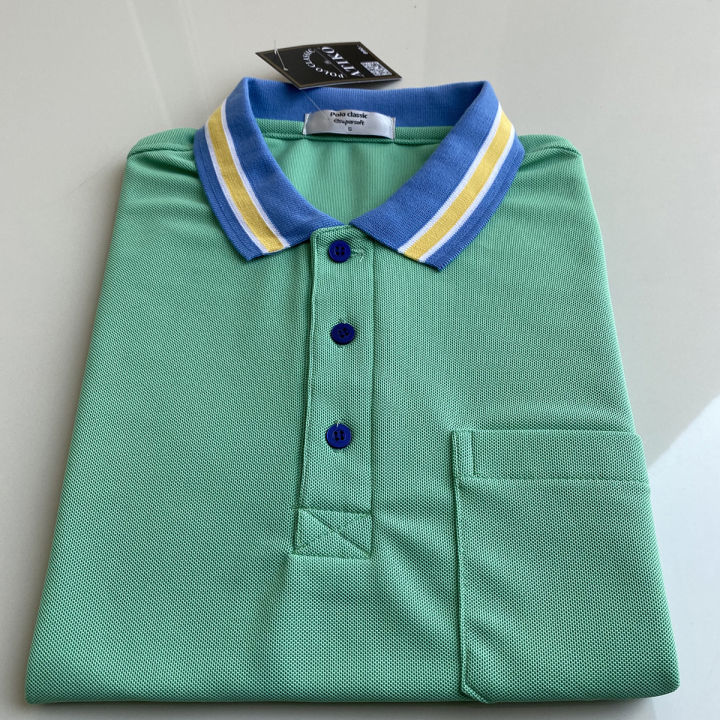 polo-shirt-เสื้อโปโล-ผ้าไมโครแอร์-micro-plus-สีเขียวมิ้นท์-ปกขลีปฟ้าเหลือง-สวมใส่สบาย-แบบคลาสสิค-ไม่เหมือนใคร-เหมาะสำรับอากาศในประเทศไทย