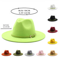 สีเขียวเข็มขัด Fedora หมวกผู้หญิงผู้ชายขนสัตว์ Vintage Gangster Trilby Felt กว้าง Brim สุภาพบุรุษ Elegant Lady ฤดูหนาวฤดูใบไม้ร่วงหมวกแจ๊ส