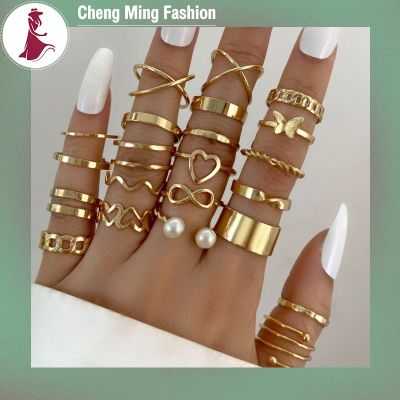 Cheng Ming ชุดแหวนนิ้วมือโลหะผสมผู้หญิง22ชิ้น,เครื่องประดับข้อมือแหวนข้อนิ้วผีเสื้อน่ารักสำหรับวัยรุ่นปาร์ตี้ของขวัญเครื่องประดับเทศกาลประจำวัน