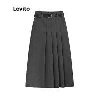 ✘ 2007 Lovito กระโปรงสตรีลำลอง สีพื้น ทรงพลีท ทรงอสมมาตร L45AD051(สีเทา)