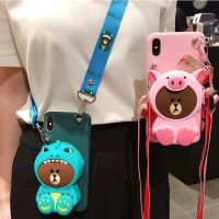 เคสโทรศัพท์ For iPhone 6 6S 7 8 Plus X XS MAX XR 13 12 Mini 11 Pro Max Cartoon Soft TPU Coin Back Cover Cute 3D Dinosaur Bear Pink Pig Wallet Bags Phone Case With Lanyard