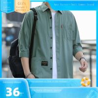 Ready❤ Pure cotton mens new summer more than seven points in the sleeve cuff shirt pocket tooling shirt han edition leisure fashion