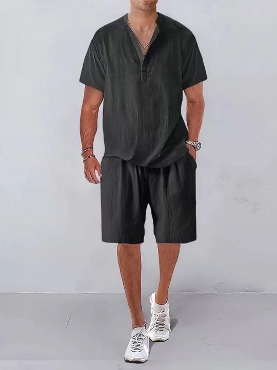 ฤดูร้อนบุรุษชายหาดชุด-100-ผ้าลินินลําลองเสื้อโปโลด้านบน-กางเกงขาสั้น-2-ชิ้นบุรุษสีทึบแฟชั่นชุดระบายอากาศ