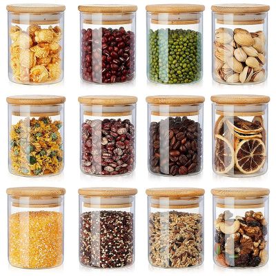 12 Pack Glass Jars Set, Spice Jars with Bamboo Lids, Clear Glass Food Storage Containers, Kitchen Canisters Set