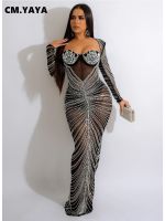 Cm. Yaya Quente แมนกาลองกา Strass Vestido De Feminino Malha Diamantes Cinta Trompete Maxi Vestido Noite Sexy Fiesta เซนติเมตร