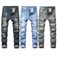 GanGdun Men Jeans Trendy Fashion Denim Knee Hole Trousers Classic Jeans mens Summer New