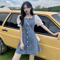 DENIM Dresses ชุดเดรสชุดเดนิมหลวม ๆ แบบสบาย ๆ สไตล์เกาหลี แขนสั้นโปร่งใส  กระโปรงสั้นยีนส์