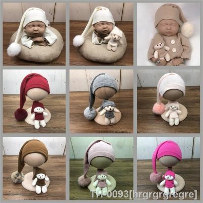 ﹊♘ hrgrgrgregre 3 pçs recém-nascidos fotografia adereços roupa do bebê mangas compridas macacão chapéu boneca conjunto de bebês foto tiro longo cauda boné