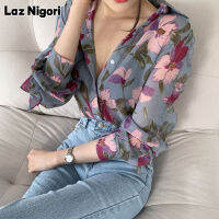 Laz Nigori เสื้อผ้าชีฟองลายดอกไม้สำหรับผู้หญิง,เสื้อเชิ้ตผู้หญิงแบบบางเรียบง่ายแขนยาวบุด้านในแฟชั่น