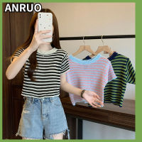 ANRUO Xiaoxiangfeng เสื้อยืดแขนสั้นถักลายทางผ้าไอซ์ซิลค์สำหรับผู้หญิงดีไซน์ฤดูร้อนดูเก๋ๆ Cewek Seksi เสื้อยืดสั้นหวานๆ