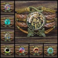 Tree of Life Bracelet for Him or Her Brown Leather Bangle Glass Cabochon Woven Multilayer Bracelets Lucky Jewelry Charms and Charm Bracelet