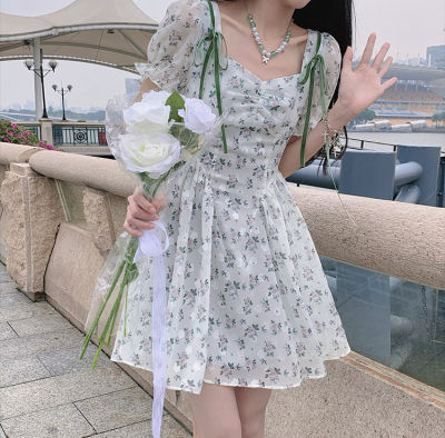 European Station French Style Lady Waist-Tight Matsumoto Funeral Camellia Fairy Sense Floral Tight Waist Temperament Short Sleeve Dress