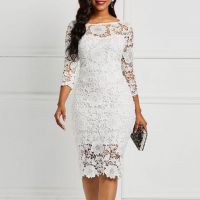 Dress Sexy Bodycon Round Neck Women Three-quarter Sleeves Lace OL Knee-length