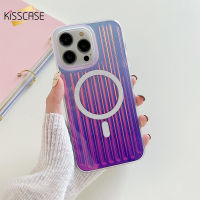 KISSCASE เคสโทรศัพท์แบบใสลายแถบเลเซอร์ไล่ระดับสีสุดหรูสำหรับ Iphone 14 13 Pro Magsafe ชาร์จไร้สาย TPU โปร่งใสหลากสี + PC แข็งกันกระแทกด้านหลังสำหรับ Iphone 14 13