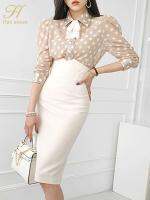 H Han Queen Women 2023 Spring Casual 2 Pieces Set Single-breasted Dot Blouses High Waist Pencil Skirt Korean Simple Skirt Suit