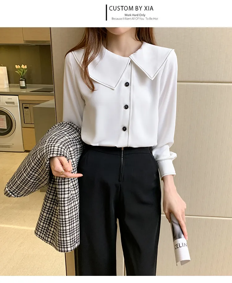 AMMIN Korean style big collar chiffon shirt for women long sleeve