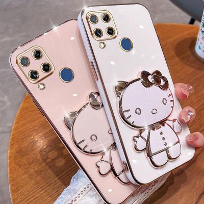 Folding Makeup Mirror Phone Case For OPPO Realme C15 C12 C25 C25S Realme Narzo 20 30A 50A  Case Fashion Cartoon Cute Cat Multifunctional Bracket Plating TPU Soft Cover Casing