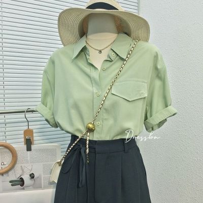 Summer new Korean style temperament pure color pocket decorative lapel short sleeve simple office lady style all-match blouse 2023