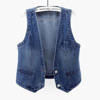 ✹☃№ 2023 New Fashion Denim Female Sleeveless Short Jacket Size 5XL Jean Waistcoat